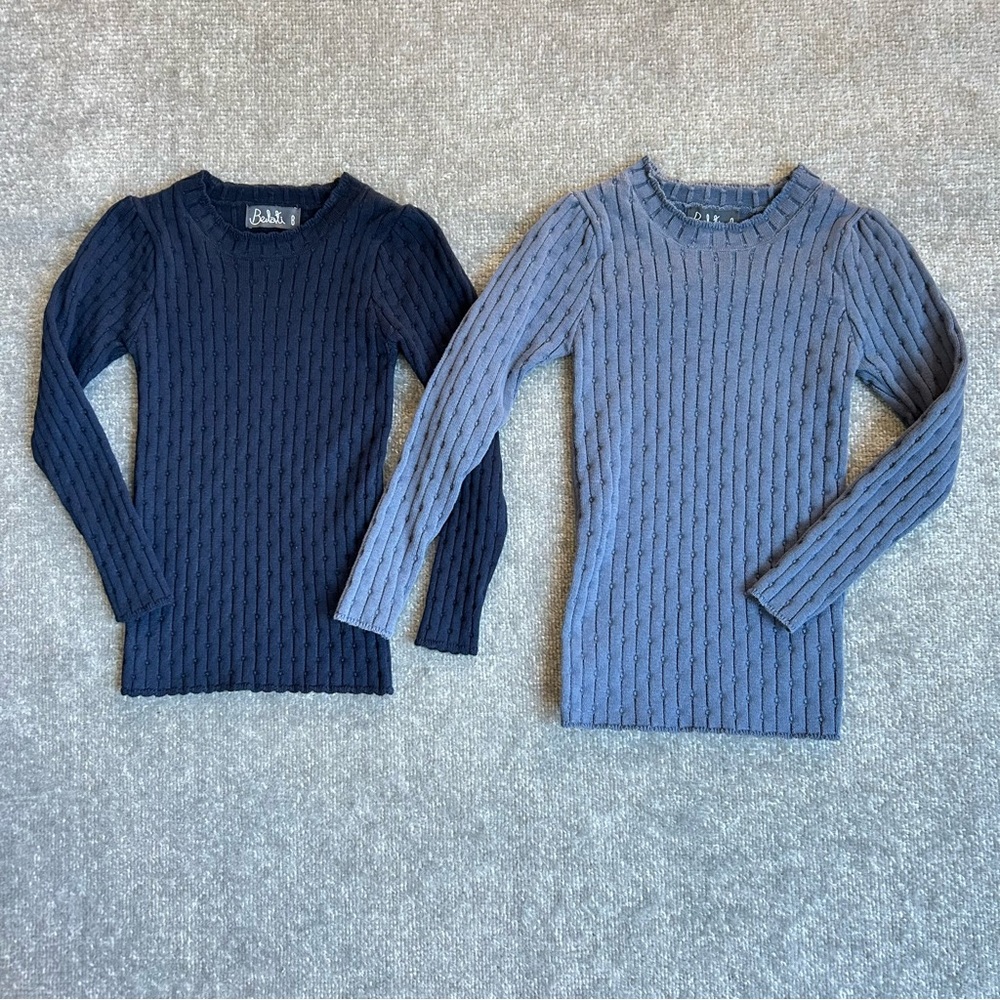 Bundle of 2 Belati Pointelle Ribbed Knit Crew Neck Blue Sweaters Size 8-9 Girls